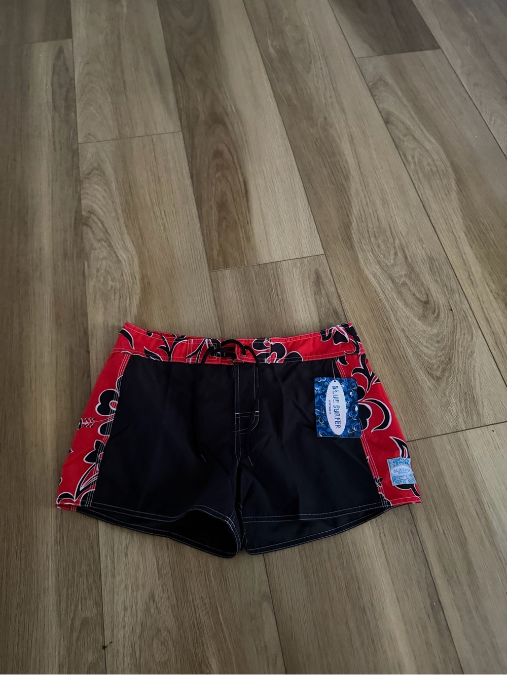 Y2K Blue Surfer Black and Red Floral Swim Shorts NWT